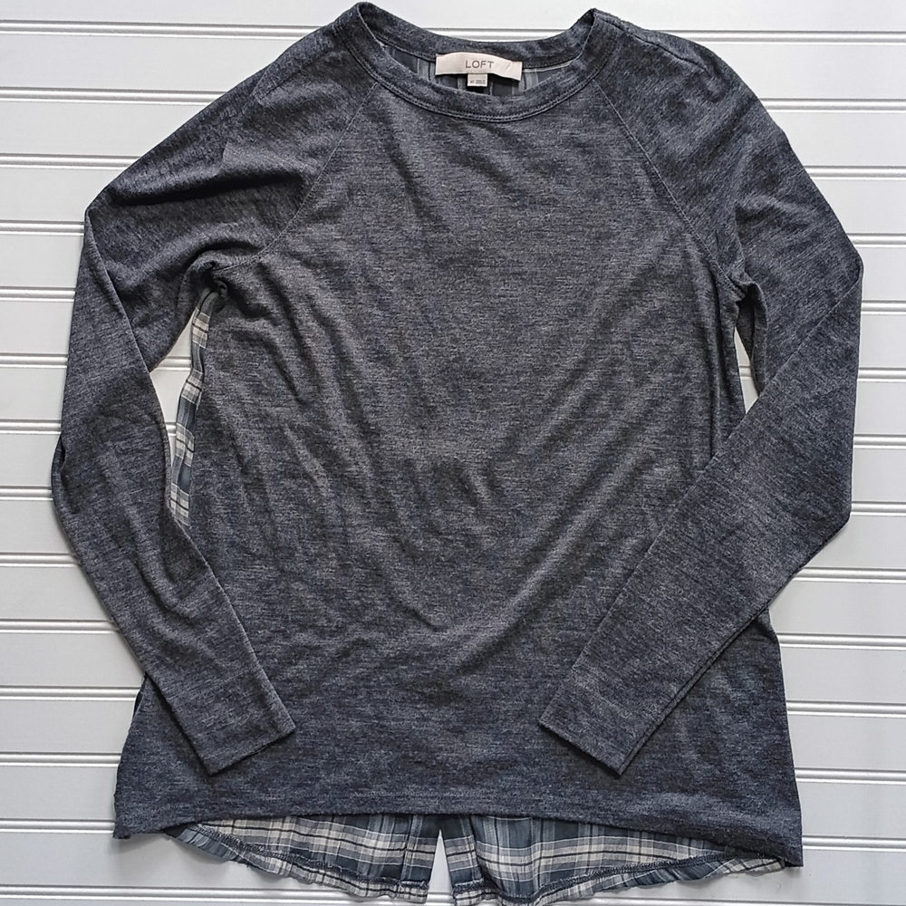 LOFT Charcoal Long Sleeve Top with Plaid Accent XS